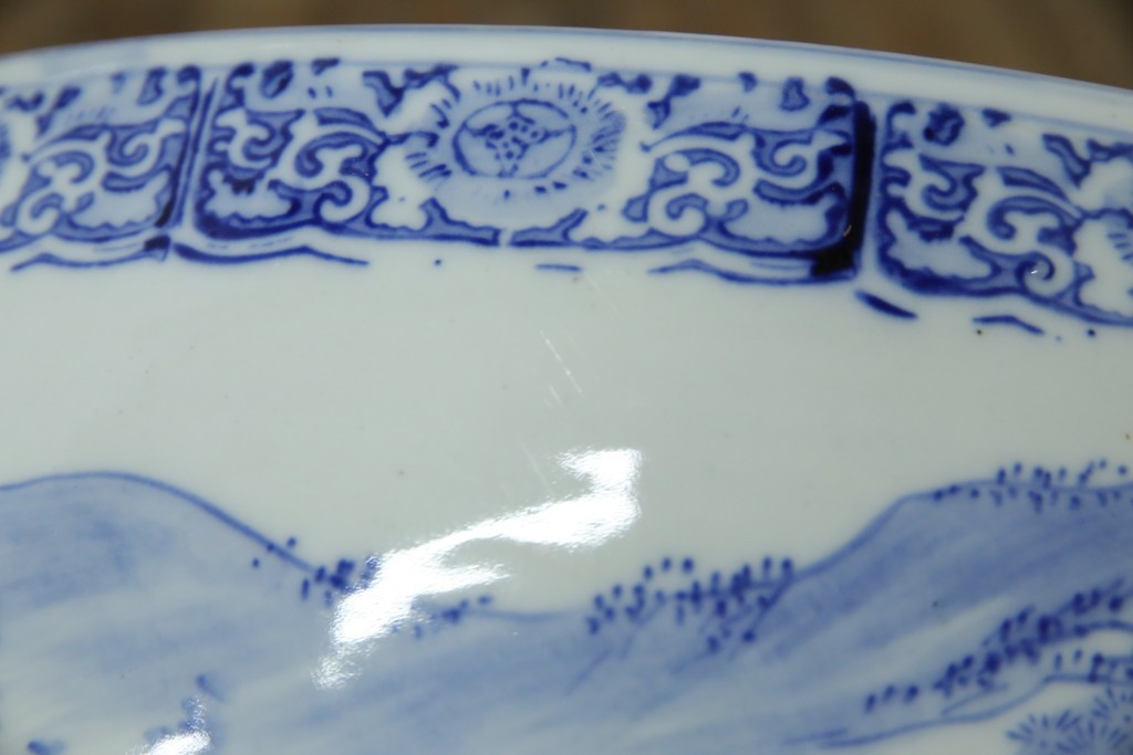 和製ヴィンテージ　山水の図　藍色の濃淡で表現された図が魅力的な瀬戸火鉢　(R-084731)