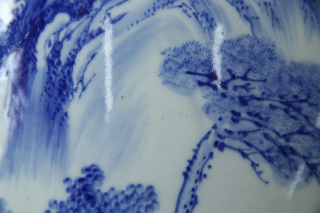 和製ヴィンテージ　山水の図　藍色の濃淡で表現された図が魅力的な瀬戸火鉢　(R-084731)