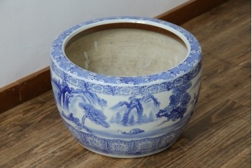 和製ヴィンテージ　山水の図　藍色の濃淡で表現された図が魅力的な瀬戸火鉢　(R-084731)