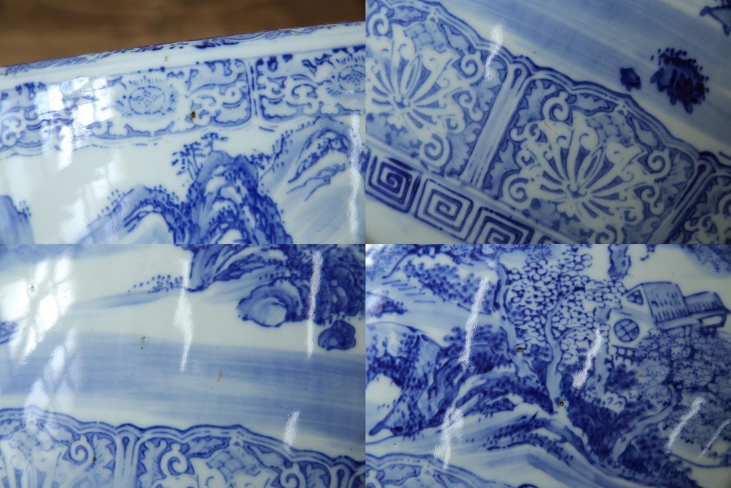 和製ヴィンテージ　山水の図　藍色の濃淡で表現された図が魅力的な瀬戸火鉢　(R-084731)