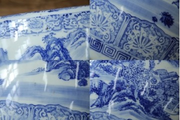 和製ヴィンテージ　山水の図　藍色の濃淡で表現された図が魅力的な瀬戸火鉢　(R-084731)