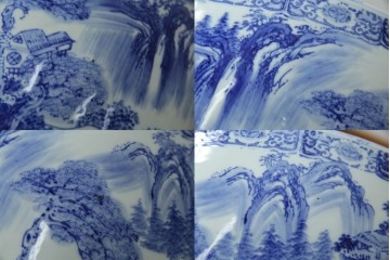 和製ヴィンテージ　山水の図　藍色の濃淡で表現された図が魅力的な瀬戸火鉢　(R-084731)