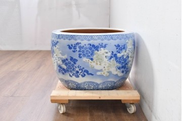 和製アンティーク　大型!!　獅子・牡丹・花唐草　躍動感のある図柄が目を惹く陽刻瀬戸火鉢　(R-084732)