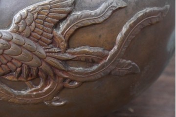 時代物　銅製　茶道具　釜　鳳凰文様が目を惹く風炉　(R-084733)