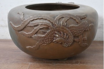 時代物　銅製　茶道具　釜　鳳凰文様が目を惹く風炉　(R-084733)