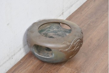 時代物　銅製　茶道具　釜　鳳凰文様が目を惹く風炉　(R-084733)