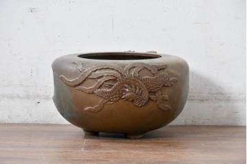 時代物　銅製　茶道具　釜　鳳凰文様が目を惹く風炉　(R-084733)