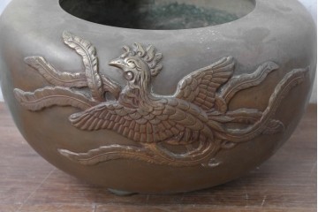 時代物　銅製　茶道具　釜　鳳凰文様が目を惹く風炉　(R-084733)