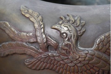 時代物　銅製　茶道具　釜　鳳凰文様が目を惹く風炉　(R-084733)