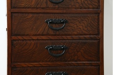 中古　超美品!!　高級品　国産職人手作り　工芸家具　総欅材　内部桐材　漆塗り　美しい杢目と牡丹をモチーフにした金具が魅力的な縦型6段整理箪笥　定価推定50万円以上　(R-084743)