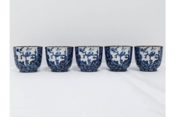 加藤利昌　京焼　青華　小梅花鳥共手　急須　湯呑　匠の美技を感じる番茶器揃　(R-084768)　