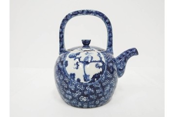 加藤利昌　京焼　青華　小梅花鳥共手　急須　湯呑　匠の美技を感じる番茶器揃　(R-084768)　