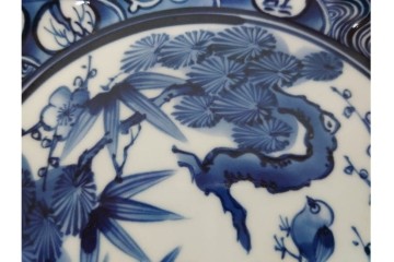 加藤利昌　京焼　青華松竹梅鳥文　約 19cm　6.1寸　繊細な絵付けが見事な中皿5枚セット　(R-084769)