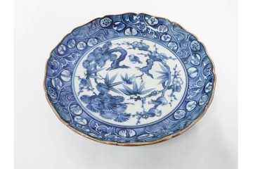 加藤利昌　京焼　青華松竹梅鳥文　約 19cm　6.1寸　繊細な絵付けが見事な中皿5枚セット　(R-084769)