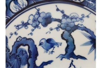 加藤利昌　京焼　青華松竹梅鳥文　約 19cm　6.1寸　繊細な絵付けが見事な中皿5枚セット　(R-084769)