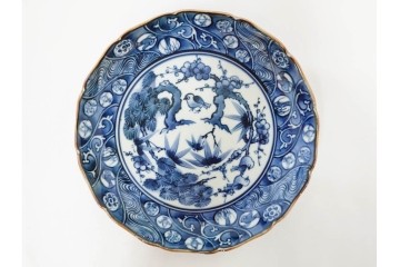 加藤利昌　京焼　青華松竹梅鳥文　約 19cm　6.1寸　繊細な絵付けが見事な中皿5枚セット　(R-084769)