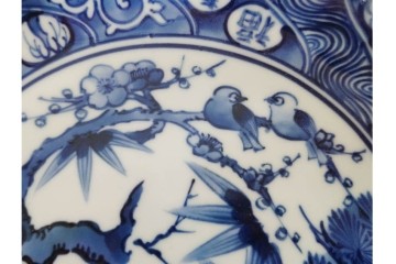 加藤利昌　京焼　青華松竹梅鳥文　約 19cm　6.1寸　繊細な絵付けが見事な中皿5枚セット　(R-084769)