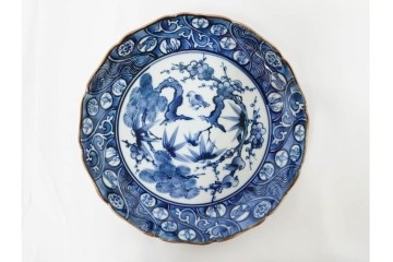 加藤利昌　京焼　青華松竹梅鳥文　約 19cm　6.1寸　繊細な絵付けが見事な中皿5枚セット　(R-084769)