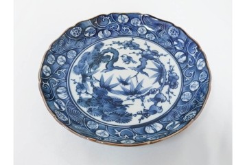 加藤利昌　京焼　青華松竹梅鳥文　約 19cm　6.1寸　繊細な絵付けが見事な中皿5枚セット　(R-084769)