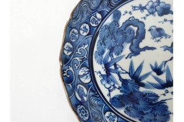 加藤利昌　京焼　青華松竹梅鳥文　約 19cm　6.1寸　繊細な絵付けが見事な中皿5枚セット　(R-084769)