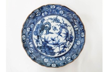 加藤利昌　京焼　青華松竹梅鳥文　約 19cm　6.1寸　繊細な絵付けが見事な中皿5枚セット　(R-084769)