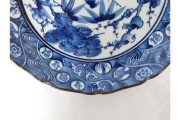 加藤利昌　京焼　青華松竹梅鳥文　約 19cm　6.1寸　繊細な絵付けが見事な中皿5枚セット　(R-084769)