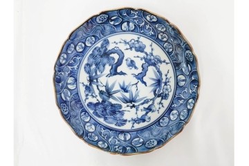 加藤利昌　京焼　青華松竹梅鳥文　約 19cm　6.1寸　繊細な絵付けが見事な中皿5枚セット　(R-084769)