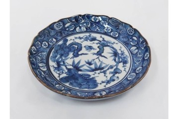 加藤利昌　京焼　青華松竹梅鳥文　約 19cm　6.1寸　繊細な絵付けが見事な中皿5枚セット　(R-084769)