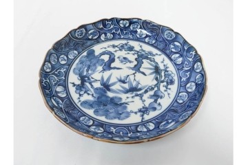 加藤利昌　京焼　青華松竹梅鳥文　約 19cm　6.1寸　繊細な絵付けが見事な中皿5枚セット　(R-084769)