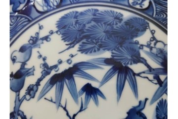 加藤利昌　京焼　青華松竹梅鳥文　約 19cm　6.1寸　繊細な絵付けが見事な中皿5枚セット　(R-084769)