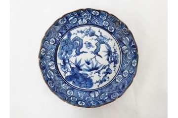 加藤利昌　京焼　青華松竹梅鳥文　約 19cm　6.1寸　繊細な絵付けが見事な中皿5枚セット　(R-084769)