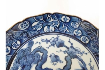 加藤利昌　京焼　青華松竹梅鳥文　約 19cm　6.1寸　繊細な絵付けが見事な中皿5枚セット　(R-084769)