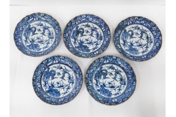 加藤利昌　京焼　青華松竹梅鳥文　約 19cm　6.1寸　繊細な絵付けが見事な中皿5枚セット　(R-084769)