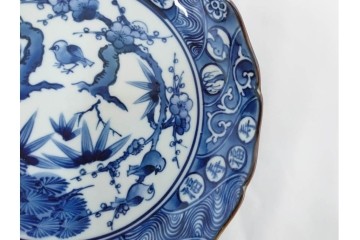 加藤利昌　京焼　青華松竹梅鳥文　約 19cm　6.1寸　繊細な絵付けが見事な中皿5枚セット　(R-084769)