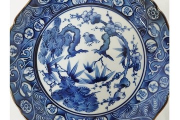 加藤利昌　京焼　青華松竹梅鳥文　約 19cm　6.1寸　繊細な絵付けが見事な中皿5枚セット　(R-084769)