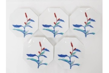 今泉今右衛門　蓼絵　約14cm　4.5寸　気品のある佇まいの銘々皿5枚セット　(R-084773)