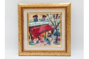 真作　山岡康子　「6月のカフェ」　7/150　パリの風景を描いたジクレー版画　(R-84789)