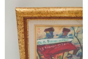 真作　山岡康子　「6月のカフェ」　7/150　パリの風景を描いたジクレー版画　(R-84789)