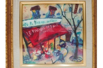 真作　山岡康子　「6月のカフェ」　7/150　パリの風景を描いたジクレー版画　(R-84789)