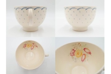 イギリスビンテージ　Susie Cooper(スージークーパー)　グレイリーフ　ドレスデンスプレイ　プランタン　カクタス　アカデミーパターン(チューリップ)　テーブルに華やかさと温かみを添えるカップ&ソーサー4客・プレート5枚セット　(R-084795)