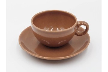 アメリカ　USA　ヴィンテージ　Russel Wright(ラッセル・ライト)　ブラウン　茶色　ピンク　温かみを感じるカップ&ソーサー5客・プレート3枚セット　(R-084798)　