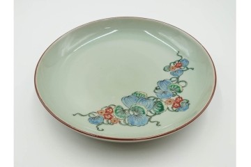 江戸期　古伊万里　青磁　色絵　約20cm　6.4寸　上品な絵付けが美しい中皿5枚セット　(R-084799)