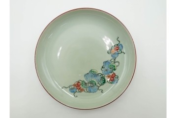 江戸期　古伊万里　青磁　色絵　約20cm　6.4寸　上品な絵付けが美しい中皿5枚セット　(R-084799)