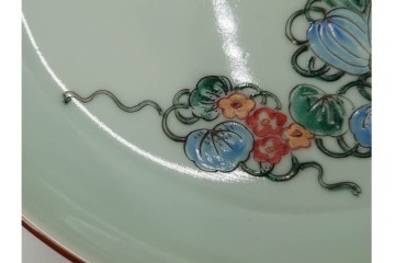 江戸期　古伊万里　青磁　色絵　約20cm　6.4寸　上品な絵付けが美しい中皿5枚セット　(R-084799)