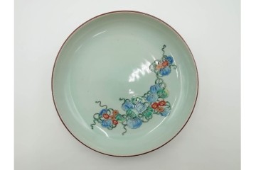 江戸期　古伊万里　青磁　色絵　約20cm　6.4寸　上品な絵付けが美しい中皿5枚セット　(R-084799)