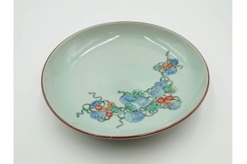 江戸期　古伊万里　青磁　色絵　約20cm　6.4寸　上品な絵付けが美しい中皿5枚セット　(R-084799)