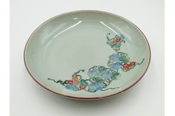 江戸期　古伊万里　青磁　色絵　約20cm　6.4寸　上品な絵付けが美しい中皿5枚セット　(R-084799)