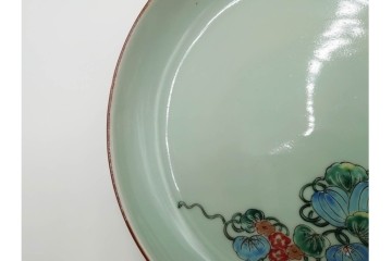 江戸期　古伊万里　青磁　色絵　約20cm　6.4寸　上品な絵付けが美しい中皿5枚セット　(R-084799)