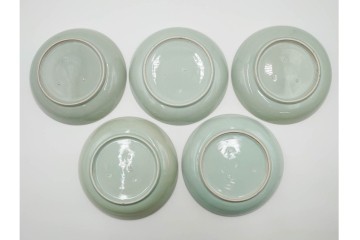 江戸期　古伊万里　青磁　色絵　約20cm　6.4寸　上品な絵付けが美しい中皿5枚セット　(R-084799)