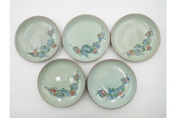 江戸期　古伊万里　青磁　色絵　約20cm　6.4寸　上品な絵付けが美しい中皿5枚セット　(R-084799)